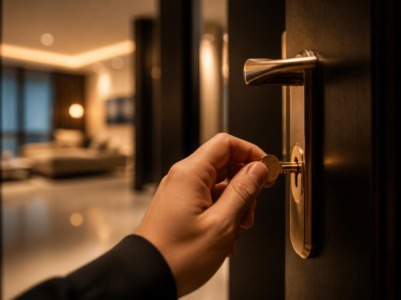 Mão girando a chave dourada na fechadura de um apartamento novo